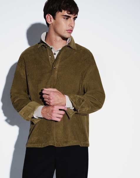 ASOS DESIGN boxy oversized cord rugby shirt in khaki - view 1