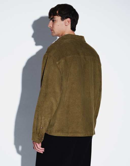 ASOS DESIGN boxy oversized cord rugby shirt in khaki, 4 of 9