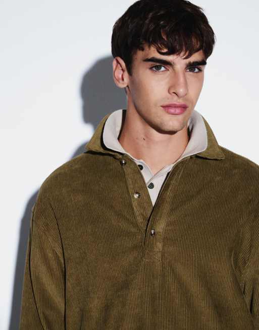 ASOS DESIGN boxy oversized cord rugby shirt in khaki, 5 of 9