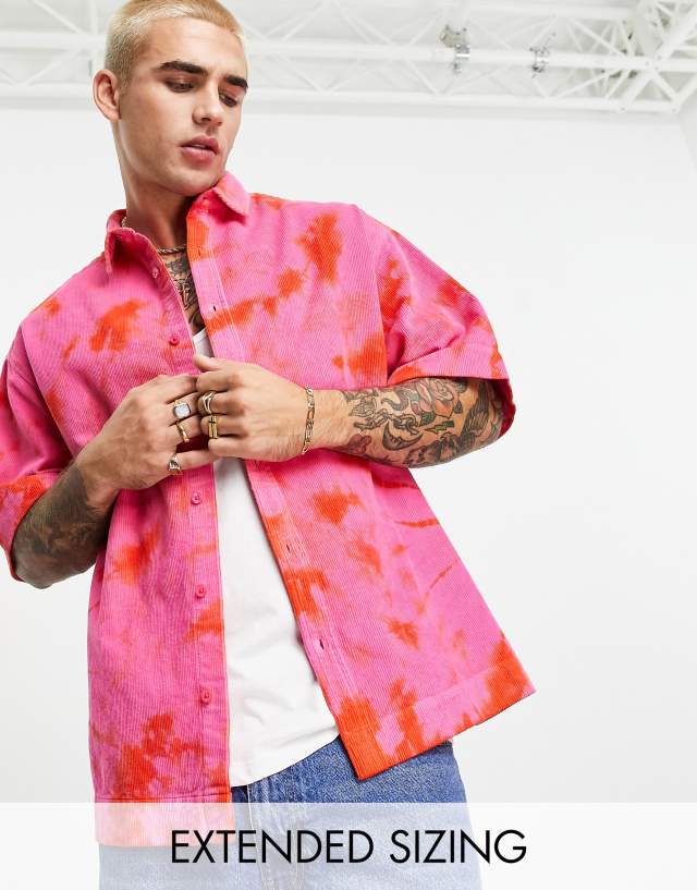 ASOS DESIGN boxy oversized cord shirt in pink tie dye