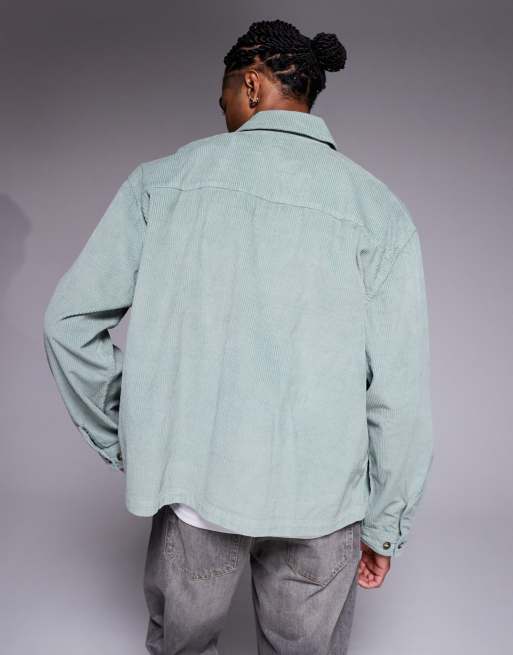 ASOS DESIGN boxy oversized cord shirt with badge detail in green, 3 of 5