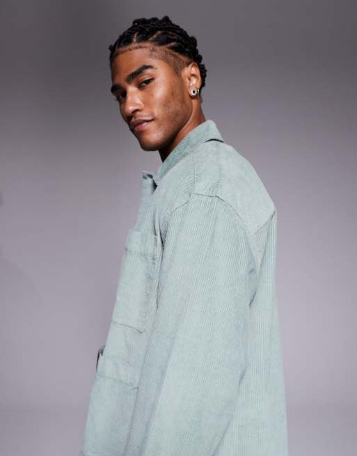 ASOS DESIGN boxy oversized cord shirt with badge detail in green, 4 of 5
