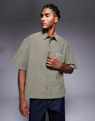 Asos Design Boxy Oversized Cord Shirt With Chest Embroidery In Green