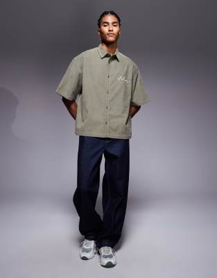 Asos Design Boxy Oversized Cord Shirt With Chest Embroidery In Green
