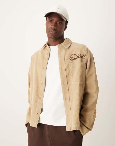 ASOS DESIGN boxy oversized cord shirt with chest embroidery in stone - view 1