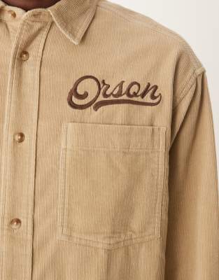 Asos Design Boxy Oversized Cord Shirt With Chest Embroidery In Brown