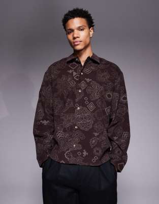Asos Design Boxy Oversized Cord Shirt With Floral Print In Brown