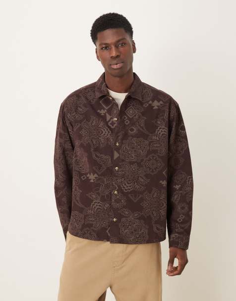 ASOS DESIGN boxy oversized cord shirt with floral print in brown
