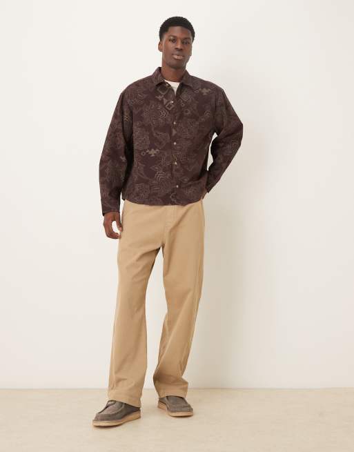 ASOS DESIGN boxy oversized cord shirt with floral print in brown
