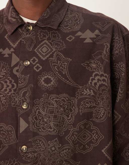 ASOS DESIGN boxy oversized cord shirt with floral print in brown