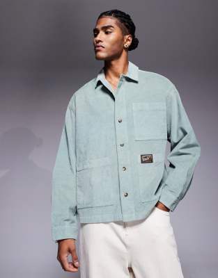 Asos Design Boxy Oversized Corduroy Shirt With Badge Detail In Blue