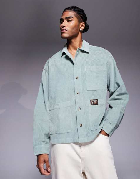 ASOS DESIGN boxy oversized corduroy shirt with badge detail in green - view 1