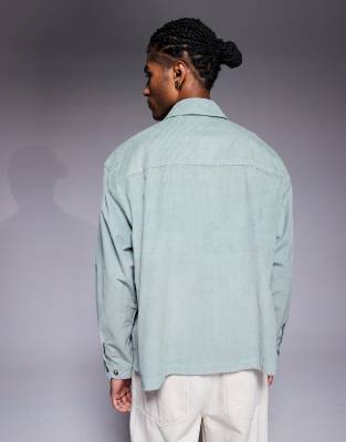 Asos Design Boxy Oversized Corduroy Shirt With Badge Detail In Blue