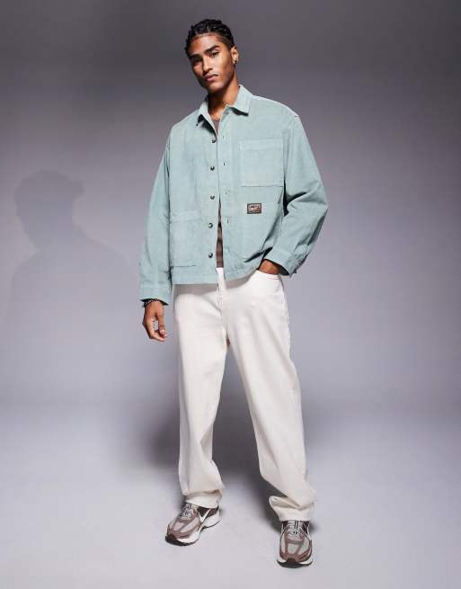 ASOS DESIGN boxy oversized corduroy shirt with badge detail in green