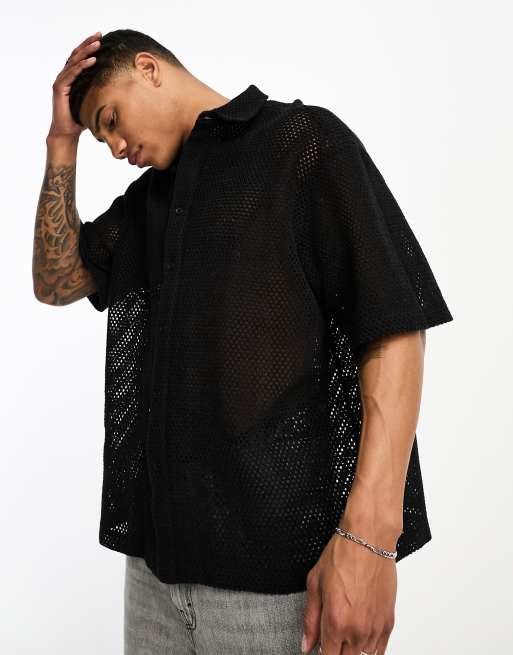 ASOS DESIGN boxy oversized cotton mesh shirt in black