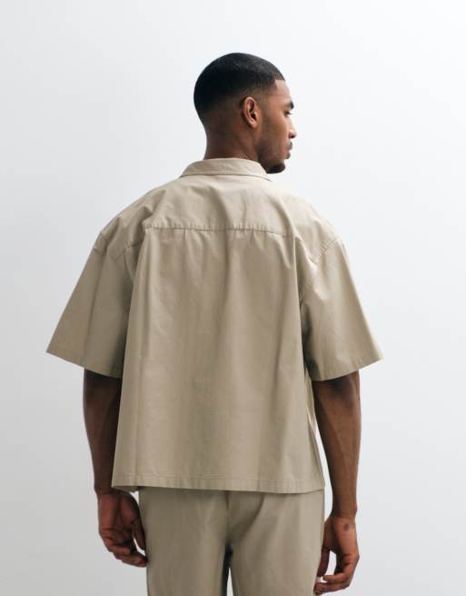 ASOS DESIGN boxy oversized cotton twill shirt in beige - part of a set, 5 of 5