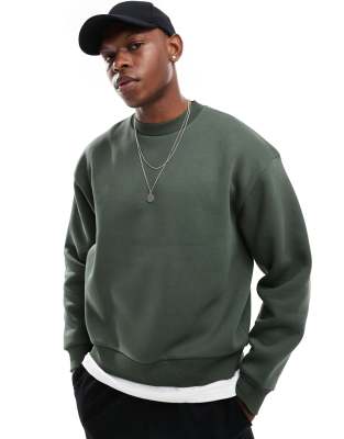 Asos Design Boxy Oversized Crew Neck Sweatshirt In Dark Green