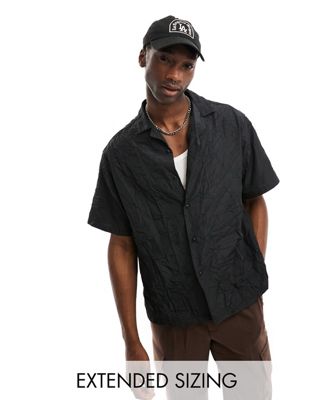 ASOS DESIGN boxy oversized crinkle nylon shirt in black