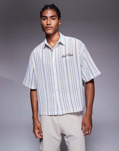 ASOS DESIGN boxy oversized crochet shirt in blue and ecru with chest embroidery - view 1