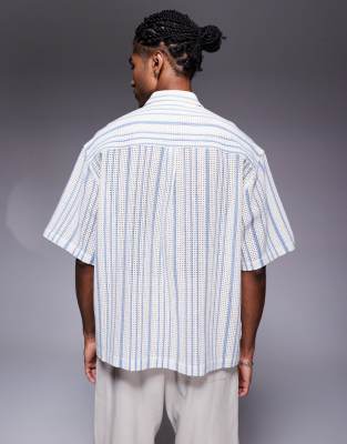 ASOS DESIGN boxy oversized crochet shirt in blue and ecru with chest embroidery
