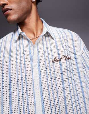 ASOS DESIGN boxy oversized crochet shirt in blue and ecru with chest embroidery