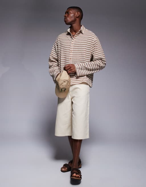 ASOS DESIGN boxy oversized crochet shirt in brown and ecru