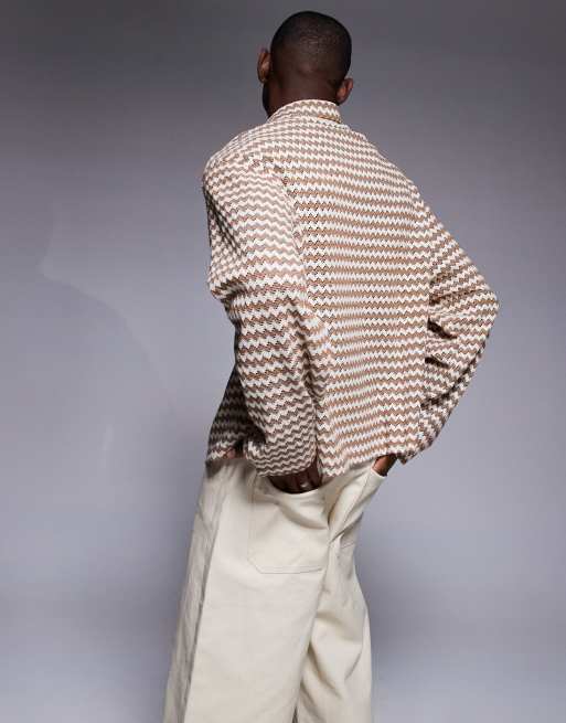 ASOS DESIGN boxy oversized crochet shirt in brown and ecru