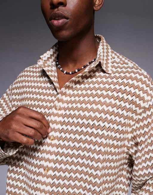 ASOS DESIGN boxy oversized crochet shirt in brown and ecru