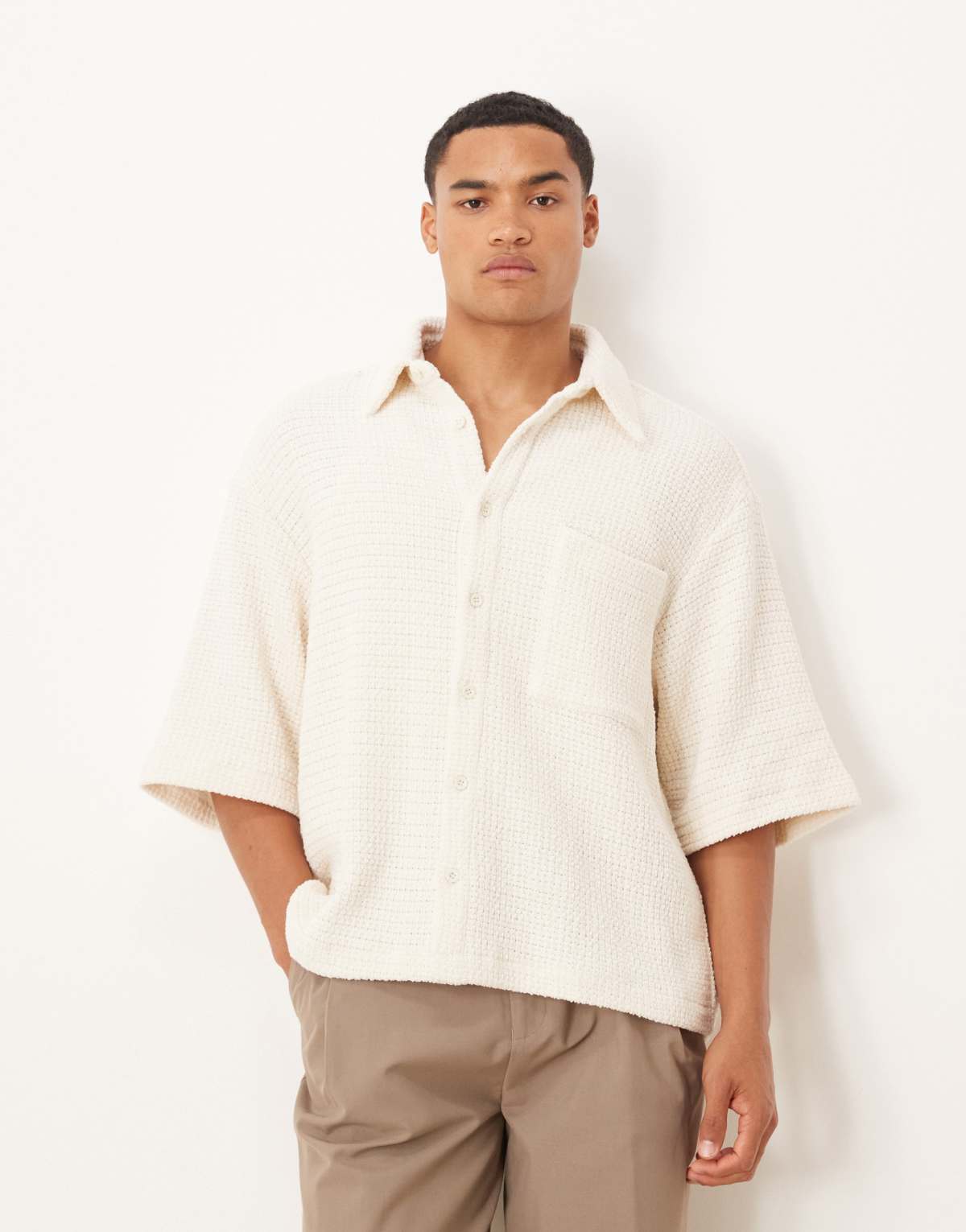 ASOS DESIGN boxy oversized crochet shirt in cream