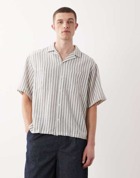 ASOS DESIGN boxy oversized crochet stripe shirt in beige - view 1