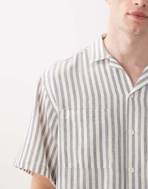 ASOS DESIGN boxy oversized crochet striped shirt in beige, 3 of 5