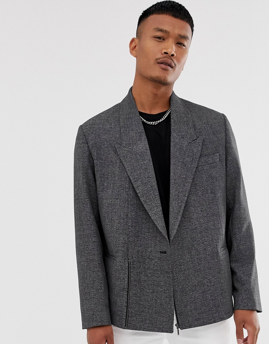 ASOS DESIGN boxy oversized cropped double breasted blazer in charcoal with zip-Grey