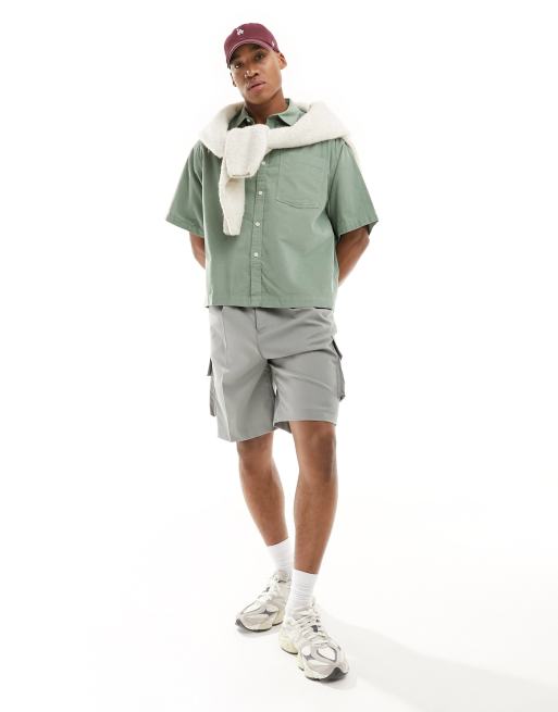 ASOS DESIGN boxy oversized cropped shirt in cord in light green