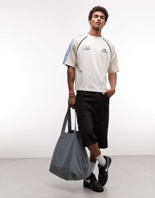 ASOS DESIGN boxy oversized cut and sew t-shirt with athletic graphic in cream, 2 of 5