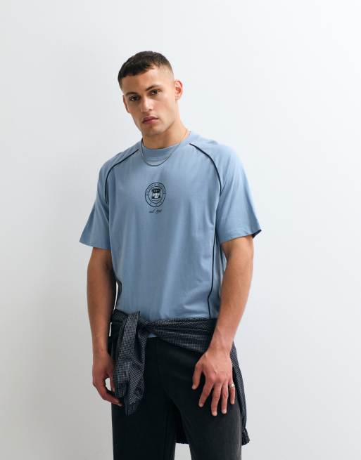 ASOS DESIGN boxy oversized cut and sew t-shirt with sports graphic in blue, 3 of 5