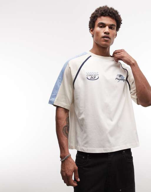 ASOS DESIGN boxy oversized cut and sew t-shirt with sports graphic in cream, 4 of 5