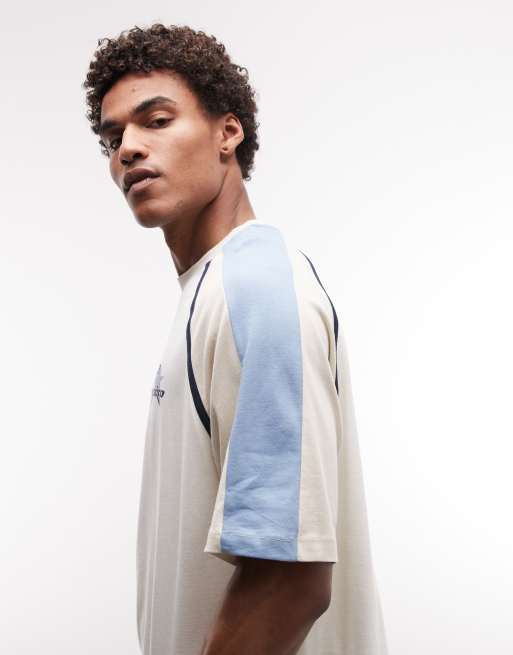 ASOS DESIGN boxy oversized cut and sew t-shirt with sports graphic in cream, 5 of 5