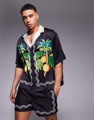 Asos Design Boxy Oversized Deep Camp Collar Shirt With Fruit Border Print In Black