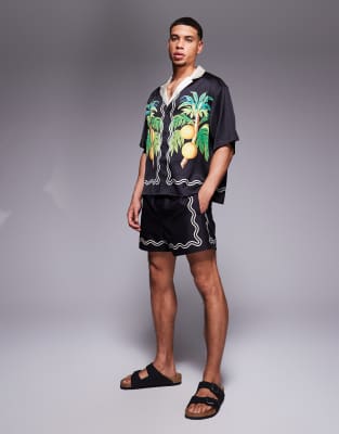 Asos Design Boxy Oversized Deep Camp Collar Shirt With Fruit Border Print