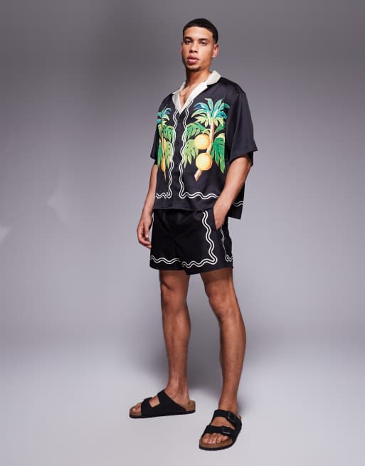ASOS DESIGN boxy oversized deep camp collar shirt with fruit border print in black - part of a set, 2 of 4