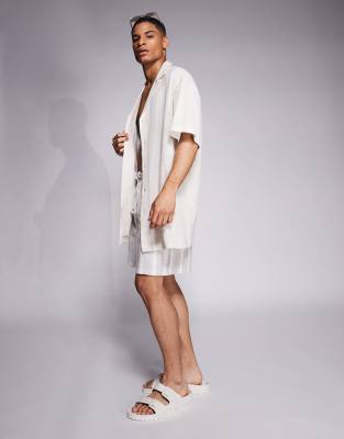 Asos Design Boxy Oversized Deep Camp Collar Textured Shirt In White