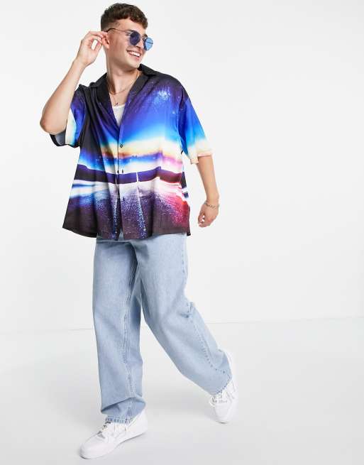 ASOS DESIGN boxy oversized deep revere collar shirt with satin scenic print