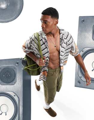 ASOS DESIGN ASOS DESIGN boxy oversized deep revere linen mix shirt with border print-Brown