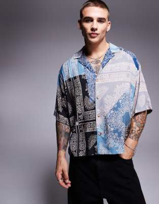 ASOS DESIGN boxy oversized deep revere shirt in spliced bandana print in blue