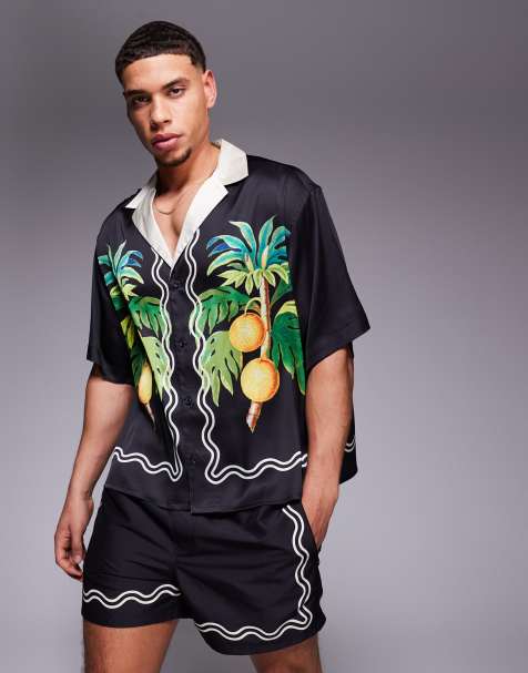 ASOS DESIGN boxy oversized deep revere shirt with fruit border print in black (part of a set) - view 1