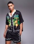 [ASOS DESIGN] ASOS DESIGN boxy oversized deep revere shirt with fruit border print in black (part of a set) 3XL BLACK