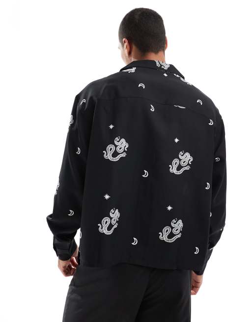 ASOS DESIGN boxy oversized deep revere shirt with snake print in black, 4 of 4