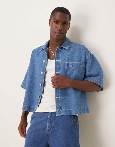 ASOS DESIGN boxy oversized denim shirt in mid wash - view 1