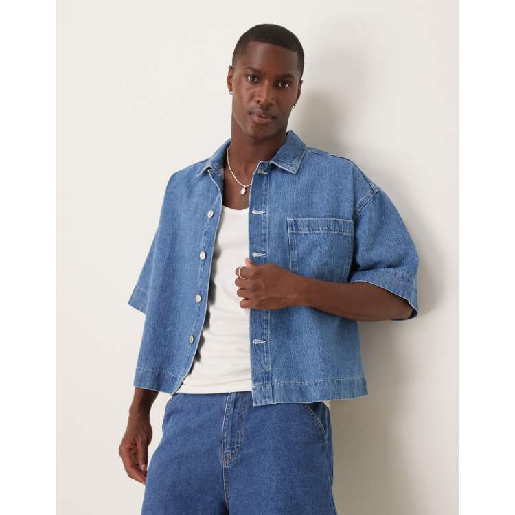 oversized denim dress shirt Oversized Denim Boyfriend Pocket Jean Collar Shirt Dress Long Sleeve Button High-Low Medium / M