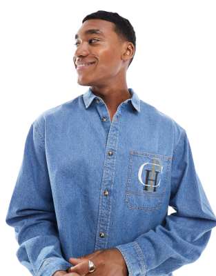 boxy oversized denim shirt with chest embroidery in mid blue